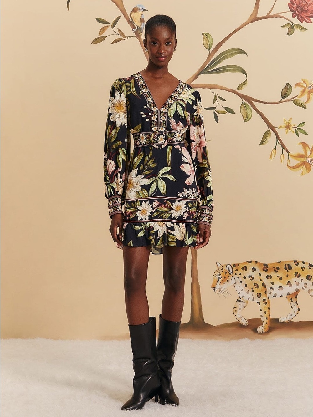 Farm Rio Black Surreal Flowers Long Sleeve Mini Dress Xsmall